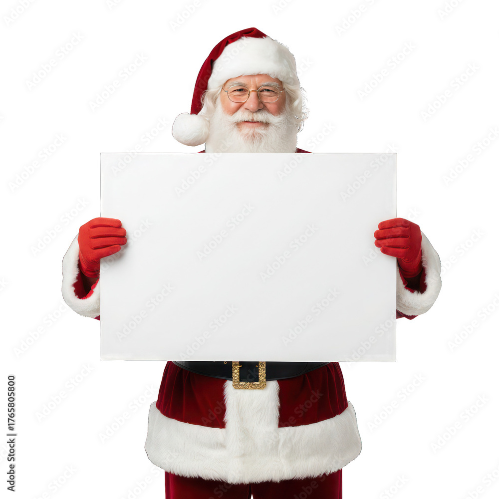 Naklejka premium Santa Claus Holding Blank Sign on Black Background Ready for Your Holiday Message
