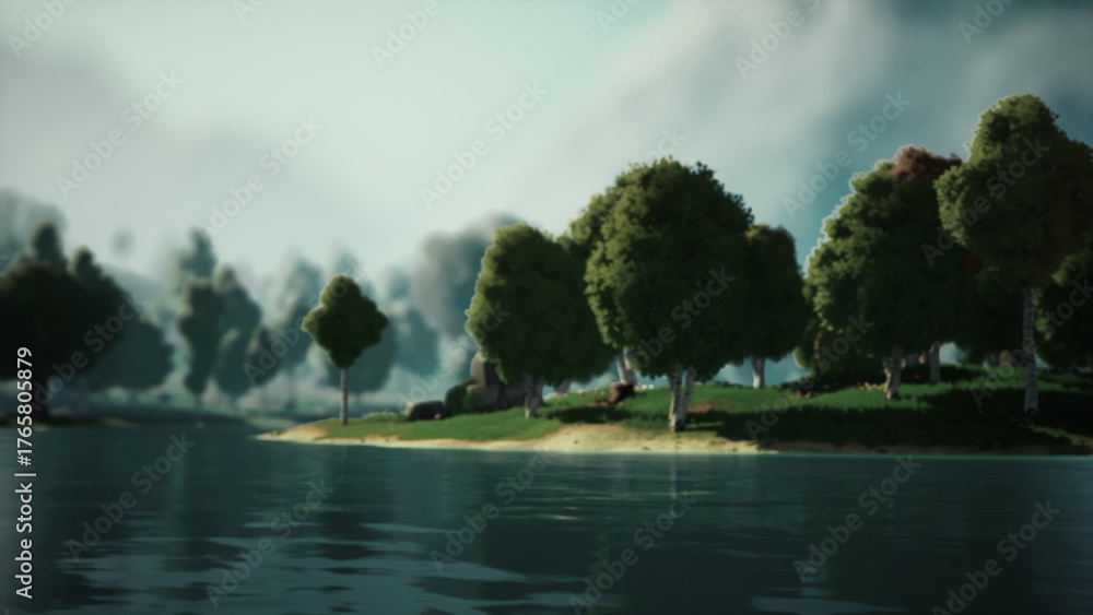 Naklejka premium A tranquil scene unfolds with gentle waves lapping against the shore. Green trees line the waters edge, creating a peaceful atmosphere under a bright sky filled with soft clouds.