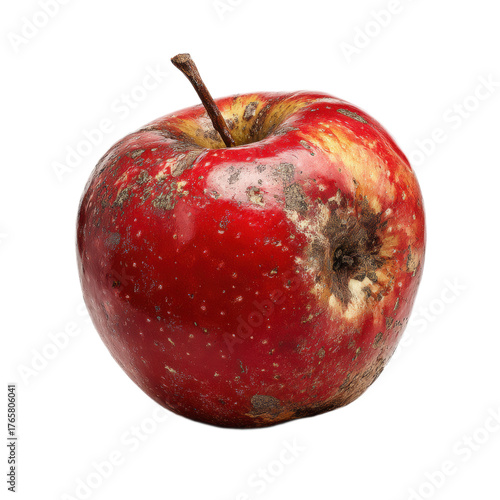 A rotten apple with a brown stem