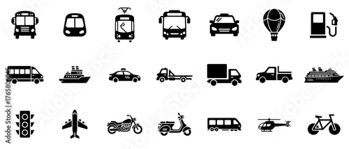 Collection of transportation icons representing various vehicles and traffic symbols