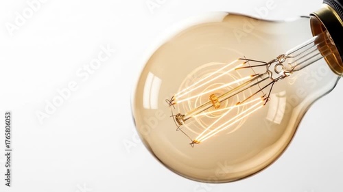 Vintage light bulb with glowing filament against a minimalist white background, showcasing elegance