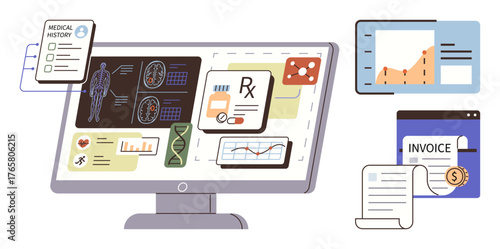 Desktop screen features medical history, diagnostic data, prescriptions, DNA analysis, and invoicing tools. Ideal for healthcare, research, technology, management data analysis medical billing
