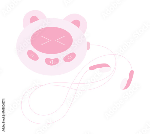 Audio retro 90s music cassette player with earphones in cute kawaii k pop style. Pastel pink color.