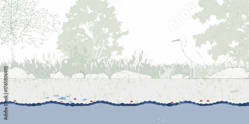 Stylized illustration of a heron standing by a pond with fish and aquatic plants