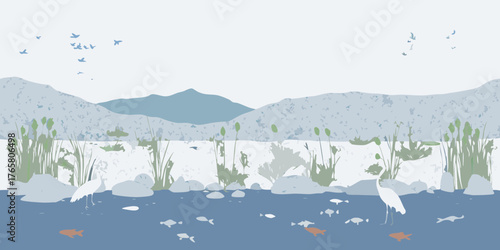 Serene natural landscape with mountains a lake reeds wading birds and fish swimming in the water