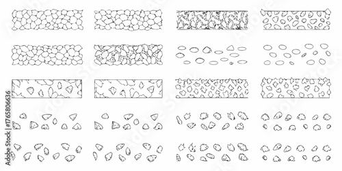 Collection of hand drawn sketch textures of various pebbles stones and gravel surfaces