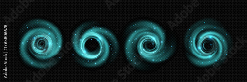 Sparkling fresh air swirls set isolated on transparent background. Vector realistic illustration of cold wind rotating effect, magic power vortex with shimmering particles, frosty storm spin movement