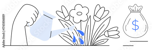 Hand pours water over blooming flowers while a dollar-sign money bag sits nearby. Ideal for growth, nurturing, investment, financial planning, sustainability, success, entrepreneurship. Simple flat