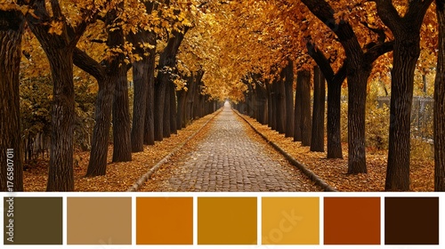 Autumn alley with trees and fallen leaves in warm golden tones