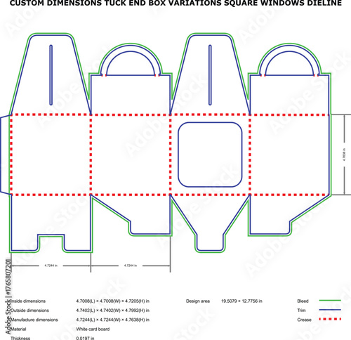 Custom Tuck End Box with Square Window Dieline Template — Folding Carton Packaging Layout