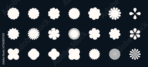 Retro Y2K star and flower icons with glowing sparkles and shiny burst effects. Minimal geometric shapes and glitter accents create a bright festive look. Perfect for modern vector design.