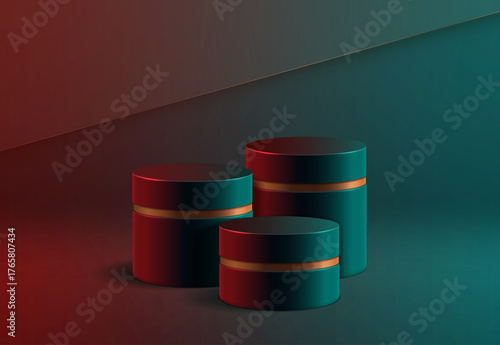 Set of stylish cylindrical podiums with gold embellishments. Luxurious dark display case, a mockup of a pedestal for presenting a product or cosmetics.