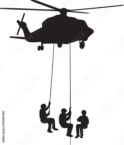 “Three descend, one mission.”

“Suspended between sky and resolve.”

