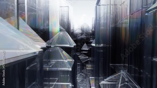 Navigate through a stunning digital landscape filled with transparent, geometric shapes and reflective surfaces, creating an otherworldly atmosphere