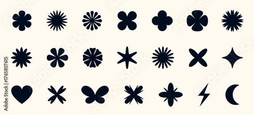 Y2K sparkle set with stars, hearts, and butterflies glowing in retro light. Shiny glitter icons and abstract bursts create a dreamy nostalgic design for posters or stickers.