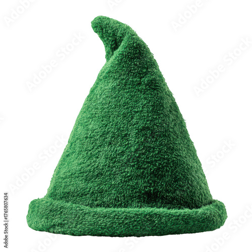 A whimsical fuzzy green elf hat with a curved tip sits isolated against a stark black backdrop perfect for holiday costumes and festive celebrations