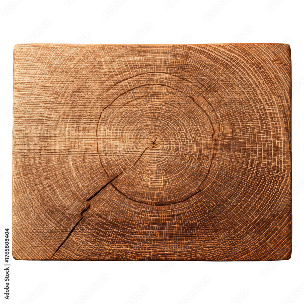 Naklejka premium A detailed overhead view of a rectangular wood cross section highlighting its beautiful concentric growth rings and natural imperfections