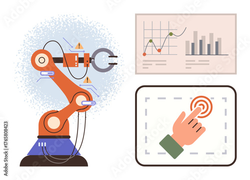 Robotic arm performing tasks, monitored by chart-filled analytics dashboard, touch input system. Ideal for technology, automation, manufacturing, innovation, productivity, engineering control