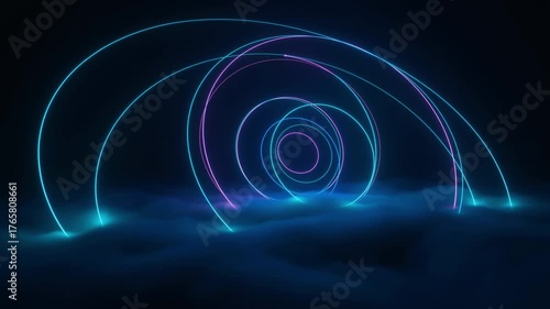 Bright neon lines of light in blue and purple arc gracefully through a dark environment, creating stunning visual patterns that captivate the eye. A unique display of color and movement unfolds