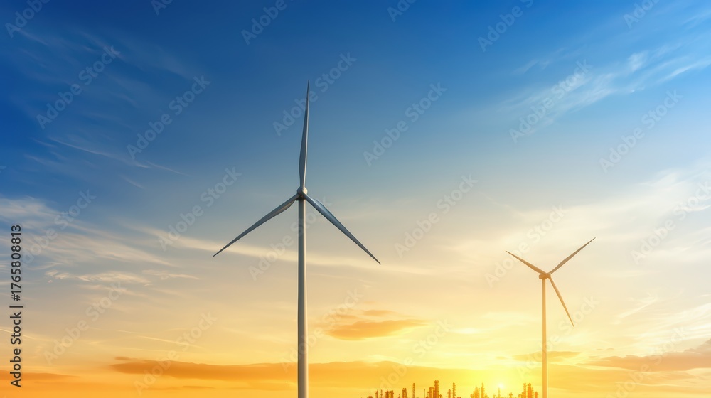 Obraz premium Wind Turbines against a Vibrant Sunset Sky with Silhouetted City Skyline and Clear Blue Background