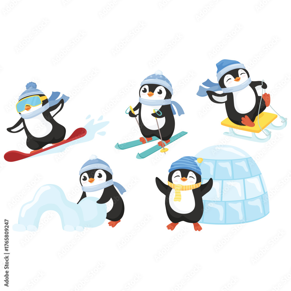 Obraz premium Penguin in winter activities. Little cute cartoon penguins characters play fun, make snowman, skating and skiing vector set. Illustration of winter penguin animal, bird in snow, baby funny