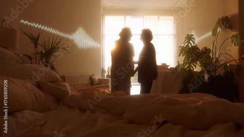Two individuals stand close to each other near a large window, basking in soft sunlight. The warm light highlights the lush plants around them, creating a cozy atmosphere