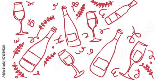 Hand drawn sketch of champagne bottles and glasses with festive confetti and streamers for celebration