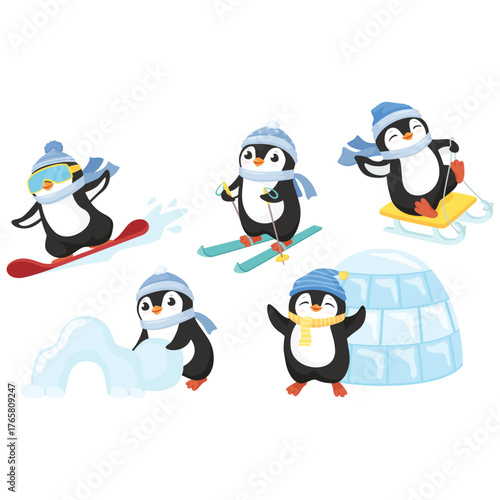 Penguin in winter activities. Little cute cartoon penguins characters play fun, make snowman, skating and skiing vector set. Illustration of winter penguin animal, bird in snow, baby funny