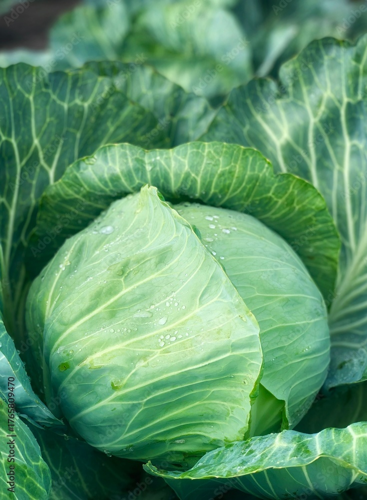 Fototapeta premium Young cabbage grows in the garden. Harvest organic cabbage 