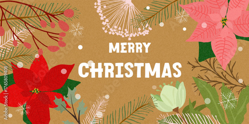 Festive Merry Christmas Card with red poinsettia, pine branches, and winter greenery on a kraft paper background. Template for greeting cards, invitations, Poster, sale and holiday decor projects