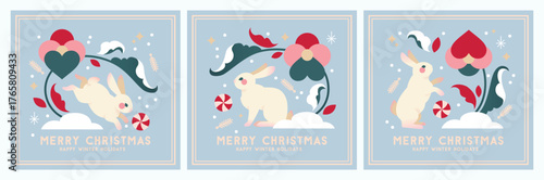 Set of Christmas simple illustrations in flat minimalist Scandinavian style with cute bunnies and flowers. Design for Christmas greeting cards, gift tags or packaging.
