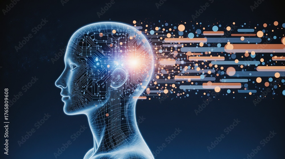 Obraz premium Digital human head with data streams flowing outward