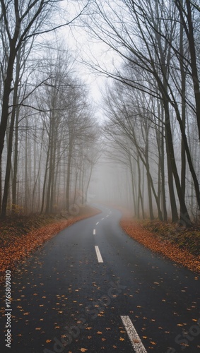 A serene and atmospheric photograph captures a winding road disappearing into a misty forest, evoking a sense of mystery and journey.