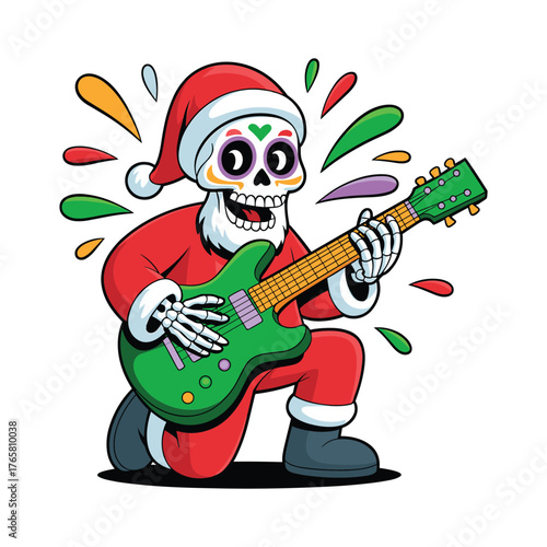 Skeleton santa plays a vibrant green electric guitar with colorful splashes celebrating christmas and day of the dead