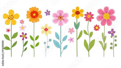 Colorful cartoon flowers on stems