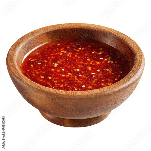 A rustic wooden bowl filled with a vibrant red chili and sesame seed dipping sauce isolated on a black background