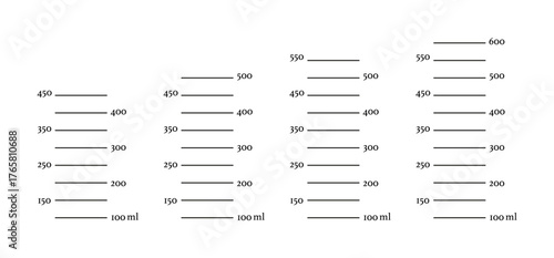 Scales 450, 500, 550, 600 ml liquid volume set. Measuring milliliters cup, jug to preparing cooking. Graphic templates isolated on white background.	