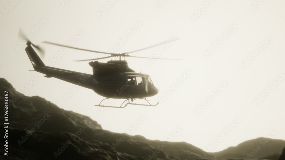 Naklejka premium A helicopter soars above rugged rocks as golden sunlight bathes the landscape, creating a stunning contrast. The scene captures the thrill of aerial exploration during dusk.