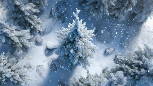 Falling snow in a snow-covered forest. A snow-covered Christmas tree in the forest. Christmas or winter background. 