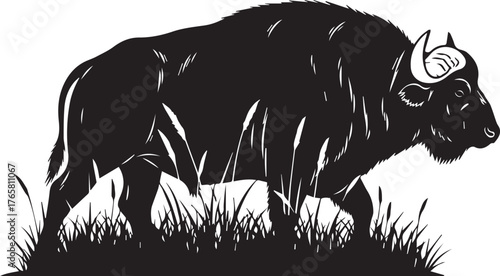 Silhouette of a majestic bison walking through tall grass representing wild nature and strength