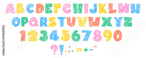 Color crayon alphabet and numbers set isolated on white background. Vector cartoon illustration of hand drawn pastel letters, figures and punctuation marks, childish font for school banner, doodle art