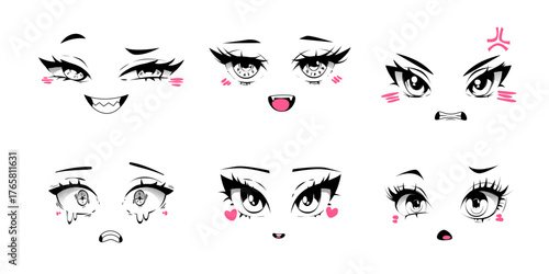 Anime character facial expressions set on white background. Vector cartoon illustration of cute kawaii style female face with big eyes and mouth, happy, sad, angry, scared and crying woman emoji