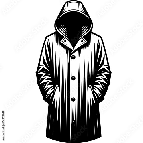 Mysterious Figure in a Raincoat: An enigmatic figure, shrouded in the darkness of a hooded raincoat, stands as a symbol of secrecy. The artwork invites speculation and curiosity. 