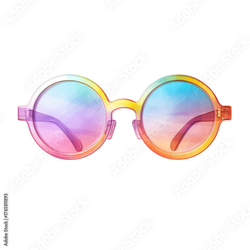 Isolated round sunglasses with rainbow gradient lenses on black background transparent background, png