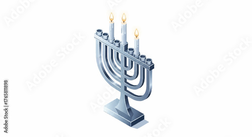 A silver Hanukkah menorah with five lit candles on a plain white background.