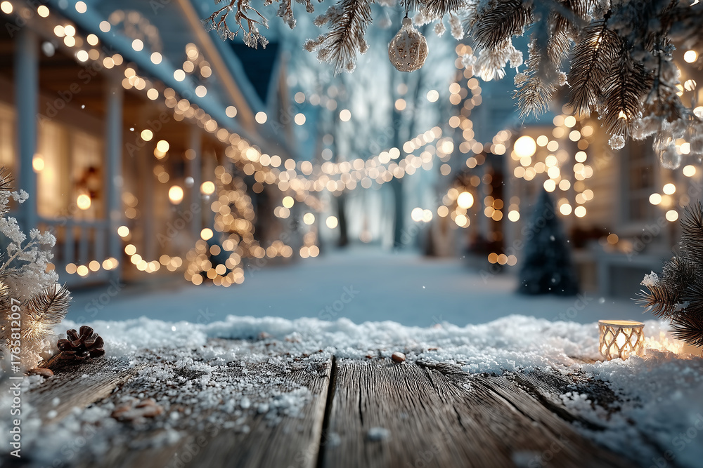 Fototapeta premium Snowy Packshot Backdrop Featuring a Festively Lit Winter Village
