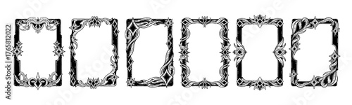 Game frame set, fantasy tarot card border hand drawn magic reverse occult decor print rectangle. Vintage medieval floral ornament antique luxury elegant design. Mystic game frame organic cover graphic