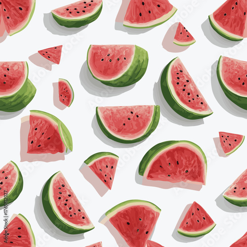 Refreshing summer fruit sweet watermelon slices and whole fruit vector pattern.