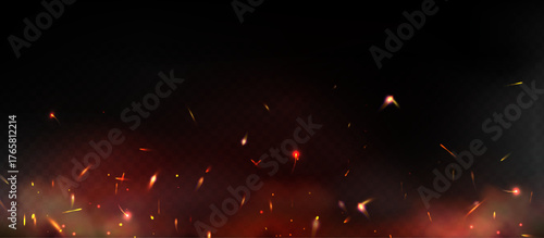 Glowing fire spark particles with orange embers flying upward on dark background for energy effects or heat visuals. Burning fragments and hot flakes at night. Welding or bonfire atmosphere overlay.