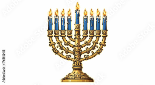 A gold Hanukkah menorah with blue candles and yellow flames on a white background.